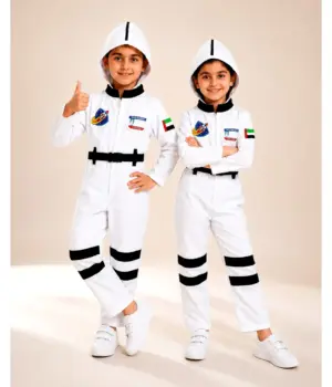 Astronaut Premium Costume White UAE Badge for kids with space mission patches and hood