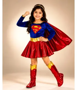 Super Girl Costume for Kids with red cape superhero fancy dress outfit